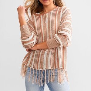 BKE | Slouchy Striped Sweater - Fringe Detail - Boho Chic - Poncho Vibe